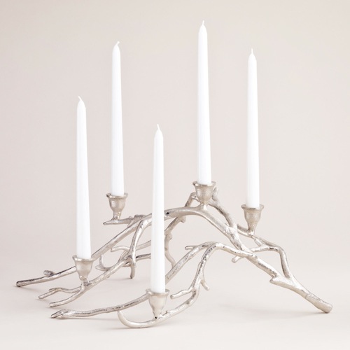 COST PLUS WORLD MARKET SILVER TWIGS TAPER CANDLE CENTERPIECE