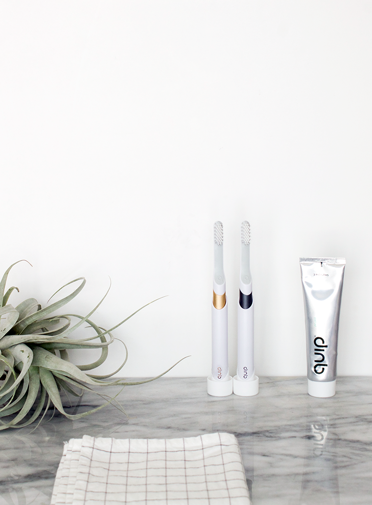 Minimalist Modern Bathroom Supplies | Quip Toothbrush Subscription | Decluttering the bathroom and organizing it with eco-friendly products while giving it a minimalist look. @copycatchic | home decor and design