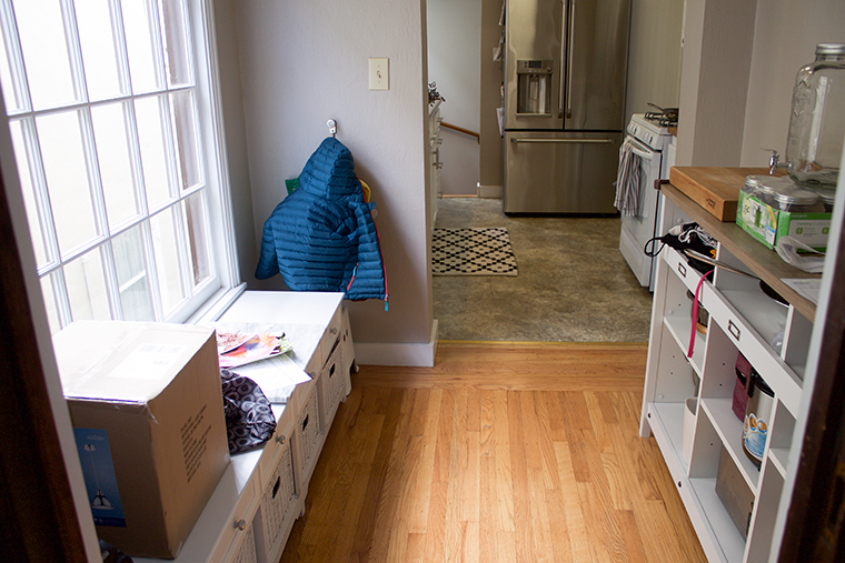 Decluttering and organizing the mudroom and kitchen prep area with cabinets from @orchardsupply minimalist home organization luxe living for less