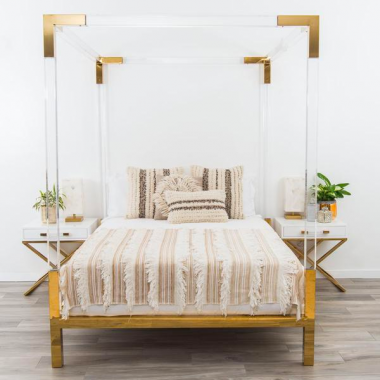 Horchow Hayworth Golden Acrylic Bed for $8,999 vs Modshop Trousdale Four Poster Lucite Bed for $4495 copycatchic luxe living for less budget home decor