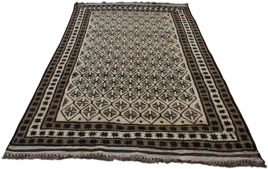 Copycatchic Fortuna Rug vintage afghan tribal woven undyed wool rug in ivory, brown and black.