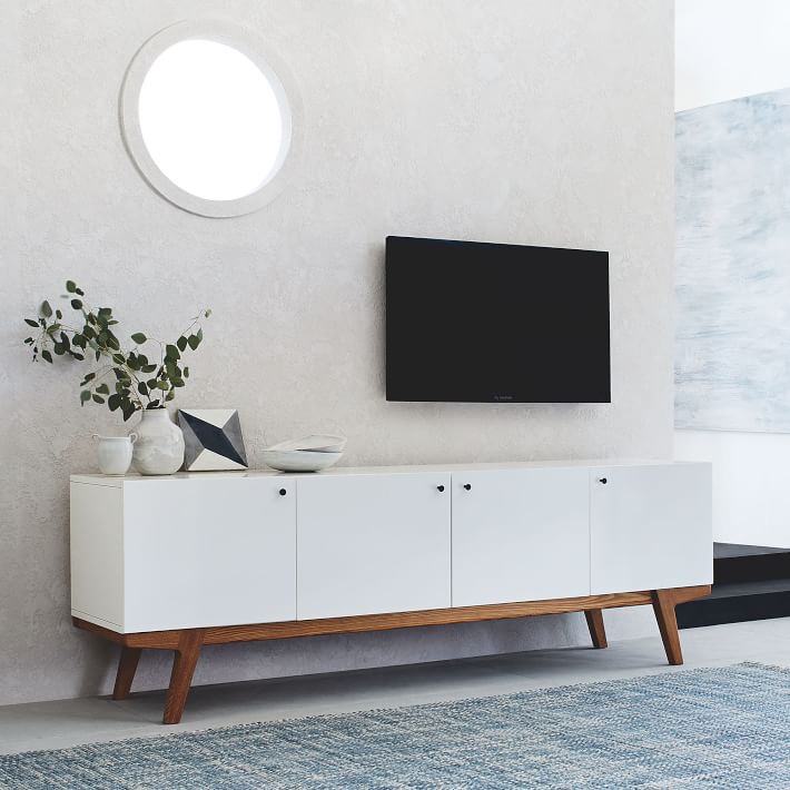 West Elm Modern Media Console $1499 vs Target Amherst Mid Century Modern Two Tone Media Stand $300 white wood mid century media console for less copycatchic luxe living for less budget home decor and design daily finds and room redos