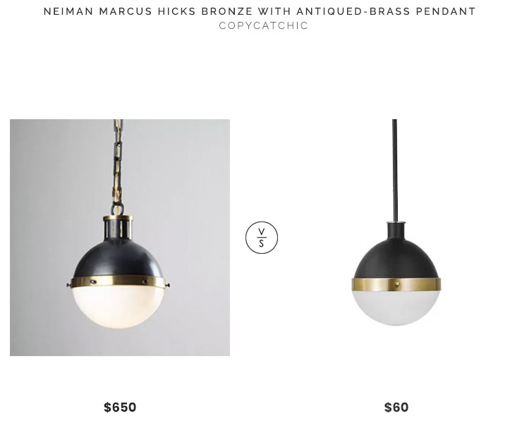 Neiman marcus Hicks Bronze with Antiqued-Brass Pendant $650 vs Wayfair Bari 1-Light Globe Pendant $60 brass black hicks pendant look for less copycatchic luxe living for less budget home decor and design daily finds, home trends, sales, budget travel and room redos