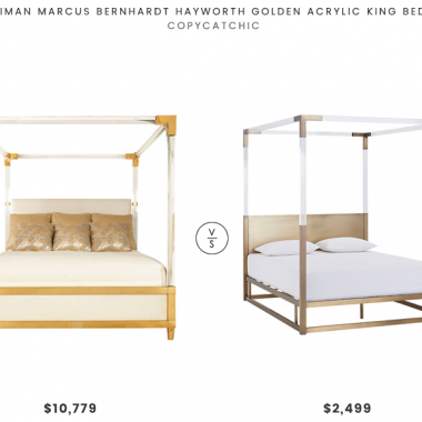 Neiman Marcus Bernhardt Hayworth Golden Acrylic King Bed $10,779 vs CB2 Acrylic Canopy King Bed $2,499 gold lucite acrylic bed look for less copycatchic luxe living for less budget home decor and design, daily finds, home trends, sales, budget travel and room redos