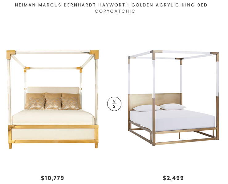 Neiman Marcus Bernhardt Hayworth Golden Acrylic King Bed $10,779 vs CB2 Acrylic Canopy King Bed $2,499 gold lucite acrylic bed look for less copycatchic luxe living for less budget home decor and design, daily finds, home trends, sales, budget travel and room redos