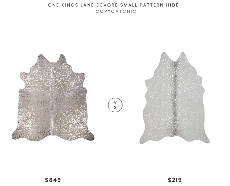 One Kings Lane Devore Small Pattern Hide $849 vs. Loloi Bryce Stone/Silver Irregular Lodge Area Rug $219, silver cowhide rug look for less, copycatchic luxe living for less, budget home decor and design, daily finds, home trends, sales, budget travel and room redos