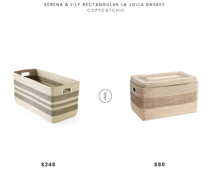 Serena and Lily Rectangular La Jolla Basket $248 vs. TJ Maxx Max Studio Large Seagrass Striped Trunk $80, striped basket look for less, copycatchic luxe living for less, budget home decor and design, daily finds, home trends, sales, budget travel and room redos