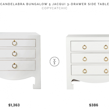 Candelabra Bungalow5 Jacqui Side Table $1,363 vs. Overstock Safavieh Dion 3 Drawer Chest $368, white nightstand look for less, copycatchic luxe living for less, budget home decor and design, daily finds, home trends, sales, budget travel and room redos