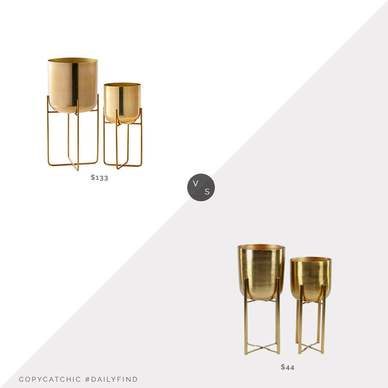West Elm Spun Metal Standing Planters (Medium & Large) $133 vs. Walmart Metallic Gold Metal Planters in Gold Stands (Set of 2) $44, gold planter look for less, copycatchic luxe living for less, budget home decor and design, daily finds, home trends, sales, budget travel and room redos