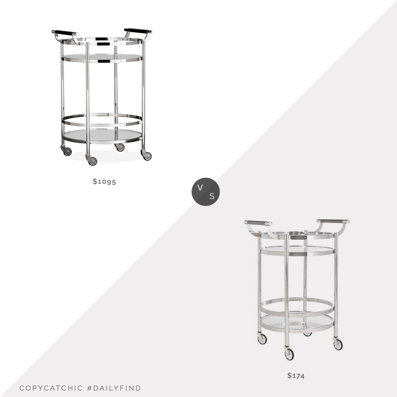 Williams Sonoma Truman Round Bar Cart $1095 vs. Home Depot Safavieh Sienna 2-Tier Chrome Bar Cart $174, silver bar cart look for less, copycatchic luxe living for less, budget home decor and design, daily finds, home trends, sales, budget travel and room redos
