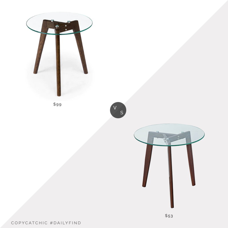 daily find: Article Clarus Walnut Side Table vs. Poly & Bark Triskele Walnut End Table, wood glass side table look for less, copycatchic luxe living for less, budget home decor and design, daily finds, home trends, sales, budget travel and room redos