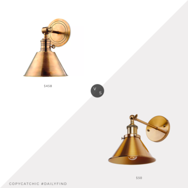 Daily Find: Bloomingdale's Hudson Valley Lighting Garden Sconce vs. Overstock Industrial 1-Light Wall Sconce with Cone Shade Metal, brass cone sconce look for less, copycatchic luxe living for less, budget home decor and design, daily finds, home trends, sales, budget travel and room redos