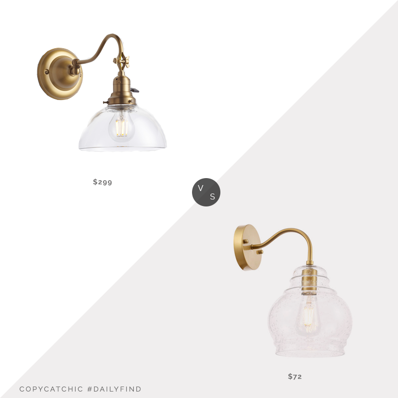 Daily Find: Rejuvenation Ford's Mill Fitter Single Swing-Arm Sconce vs. Bellacor Elegant Lighting Pierce Brass One-Light Wall Sconce, brass sconce look for less, copycatchic luxe living for less, budget home decor and design, daily finds, home trends, sales, budget travel and room redos