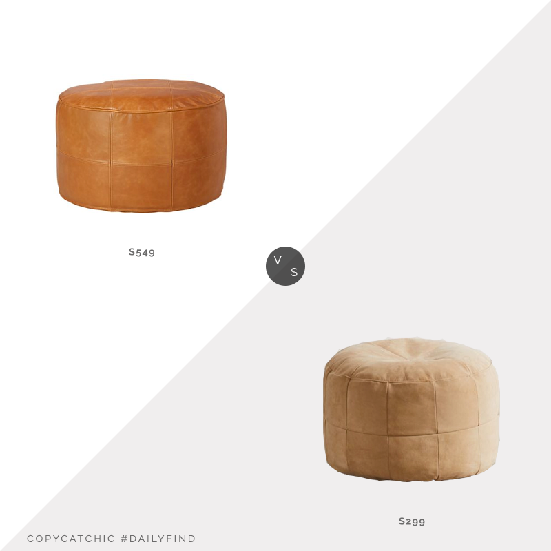 Daily Find: CB2 Round Saddle Leather Pouf Ottoman vs. Urban Outfitters Mesa Patchwork Leather Ottoman, patchwork leather pouf look for less, copycatchic luxe living for less, budget home decor and design, daily finds, home trends, sales, budget travel and room redos