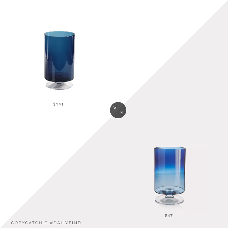 Daily Find: Kathy Kuo Home Farrah Blue Glass Footed Hurricane vs. Crate and Barrel London Large Blue Hurricane, blue hurricane look or less, copycatchic luxe living for less, budget home decor and design, daily finds, home trends, sales, budget travel and room redos