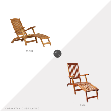 Daily Find: Rejuvenation Teak & Brass Folding Lounge Chair vs. Overstock vidaXL Outdoor Acacia Wood Deck Chair with Footrest, steamer chair look for less, copycatchic luxe living for less, budget home decor and design, daily finds, home trends, sales, budget travel and room redos