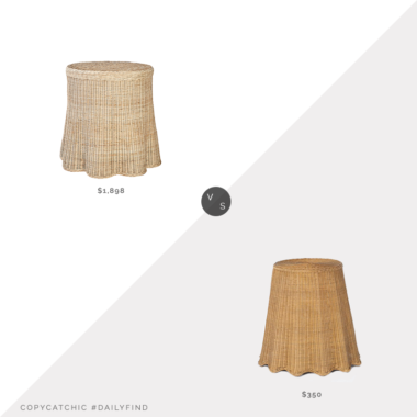 Daily Find: The Tot Round Scallop Skirted Side Table vs. Living Spaces Natural Woven Accent Table By Nate Berkus & Jeremiah Brent, skirted wicker table look for less, copycatchic luxe living for less, budget home decor and design, daily finds, home trends, sales, budget travel and room redos