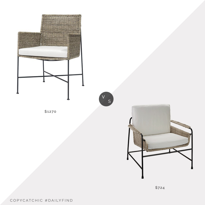 Daily Find: Kathy Kuo Palecek Nora Coastal Beach Brown Rattan Arm Chair vs. Wayfair Bayou Breeze Cato 28" Wide Arm Chair, woven and metal chair look for less, copycatchic luxe living for less, budget home decor and design, daily finds, home trends, sales, budget travel and room redos