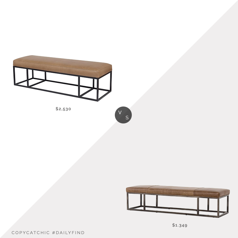 Daily Find: Kathy Kuo Farrah Industrial Leather Bench vs. France & Son Four Hands Beaumont Bench, leather bench look for less, copycatchic luxe living for less, budget home decor and design, daily finds, home trends, sales, budget travel and room redos
