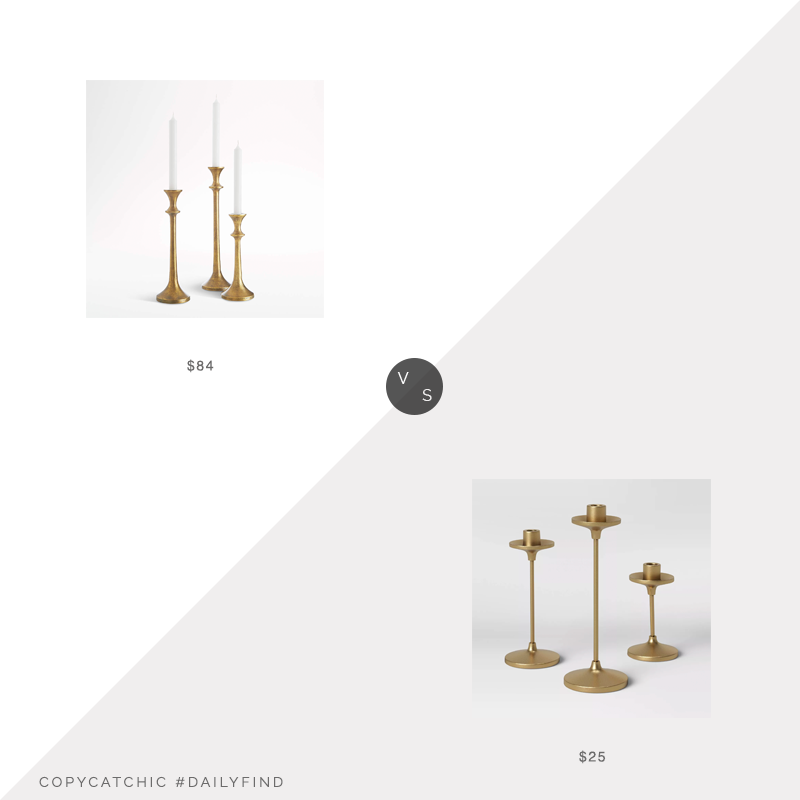 Daily Find: Crate & Barrel Emmett Antique Brass Taper Candle Holders vs. Target Threshold Set of 3 Tapers Cast Aluminum Candle Holders with Brass Finish Gold, brass candlesticks look for less, copycatchic luxe living for less, budget home decor and design, daily finds, home trends, sales, budget travel and room redos