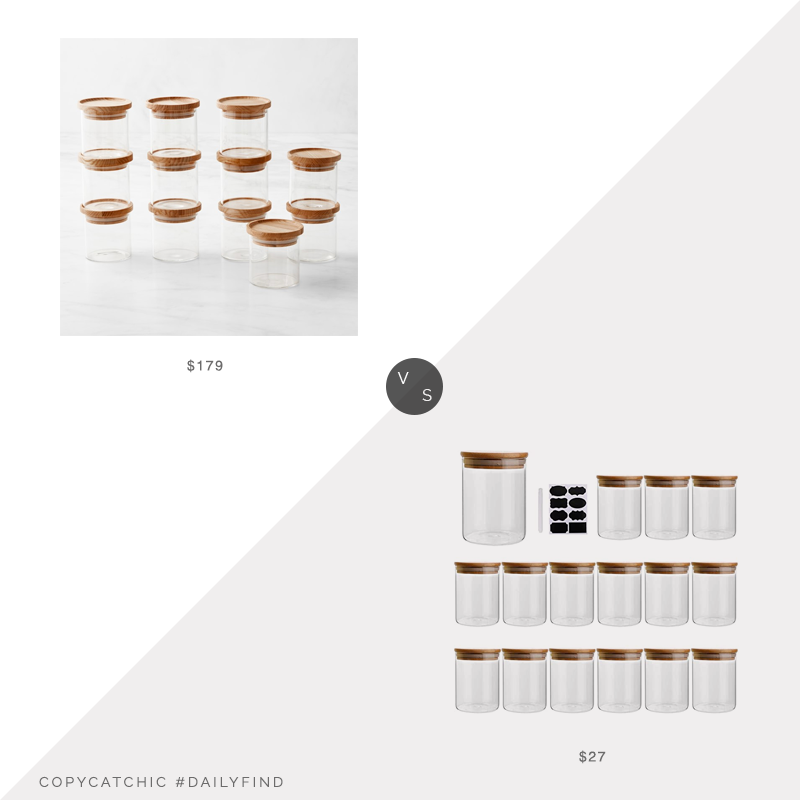 Daily Find: Williams Sonoma Stacking Glass Canister Spice Jars (set of 12) vs. Amazon Flrolove 6oz Clear Glass Food Storage Containers (set of 16), wood top spice jars look for less, copycatchic luxe living for less, budget home decor and design, daily finds, home trends, sales, budget travel and room redos