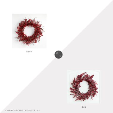 Daily Find: Crate & Barrel Faux Red Berry Wreath 30" vs. Kirkland's Frosted Red Berry Branch Wreath 24", berry wreath look for less, copycatchic luxe living for less, budget home decor and design, daily finds, home trends, sales, budget travel and room redos