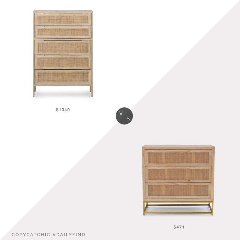Daily Find: West Elm Modern Rattan 5-Drawer Dresser vs. Home Depot Bilson Natural with Gold Base Rattan Cabinet - Powell Company, rattan dresser look for less, copycatchic luxe living for less, budget home decor and design, daily finds, home trends, sales, budget travel and room redos