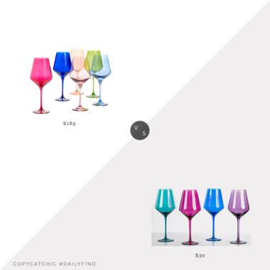Daily Find: Nordstrom Estelle Colored Glass Wine Glasses (Set of 6) vs. Kirkland's Jewel Tones Goblet Wine Glasses (Set of 4), colored wine glasses look for less, copycatchic luxe living for less, budget home decor and design, daily finds, home trends, sales, budget travel and room redos