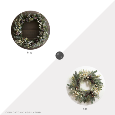Daily Find: Pottery Barn Pre-Lit Faux Frozen Pine and White Berry Wreath vs. Kirkland's White Berry Pinecone Spiral Wreath, white berry wreath look for less, copycatchic luxe living for less, budget home decor and design, daily finds, home trends, sales, budget travel and room redos