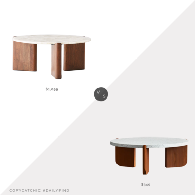 Daily Find: CB2 Santoro White Quartz Coffee Table﻿ vs. Homary White Round Terrazzo Coffee Table with Pine Wood Legs in Walnut, quartz coffee table look for less, copycatchic luxe living for less, budget home decor and design, daily finds, home trends, sales, budget travel and room redos