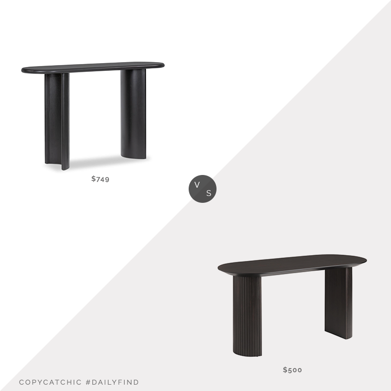 Daily Find: Kathy Kuo Paris Rustic Lodge Crescent Base Console Table vs. World Market Smoke Black Wood Fluted Column Shanice Desk, modern black console table look for less, copycatchic luxe living for less, budget home decor and design, daily finds, home trends, sales, budget travel and room redos