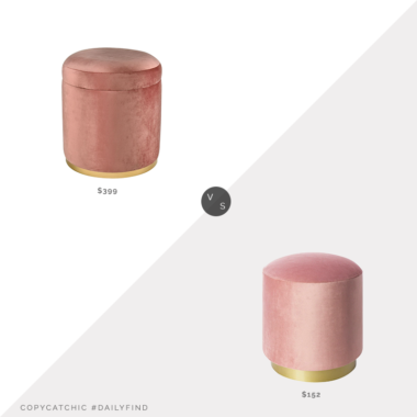 Daily Find: Pottery Barn Fitzgerald Upholstered Storage Ottoman vs. Overstock Rooney Glam Velvet Ottoman, pink velvet pouf look for less, copycatchic luxe living for less, budget home decor and design, daily finds, home trends, sales, budget travel and room redos