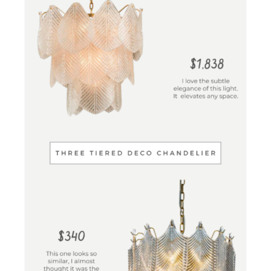 Look for Less: Kathy Kuo John-Richard Modern Classic Three Layer Frosted Glass Nine Light Chandelier vs Wayfair 5 Light Glam and Modern Painted Brass Three Tiered Chandelier with Textured Glass Accents See More by Rosdorf Park