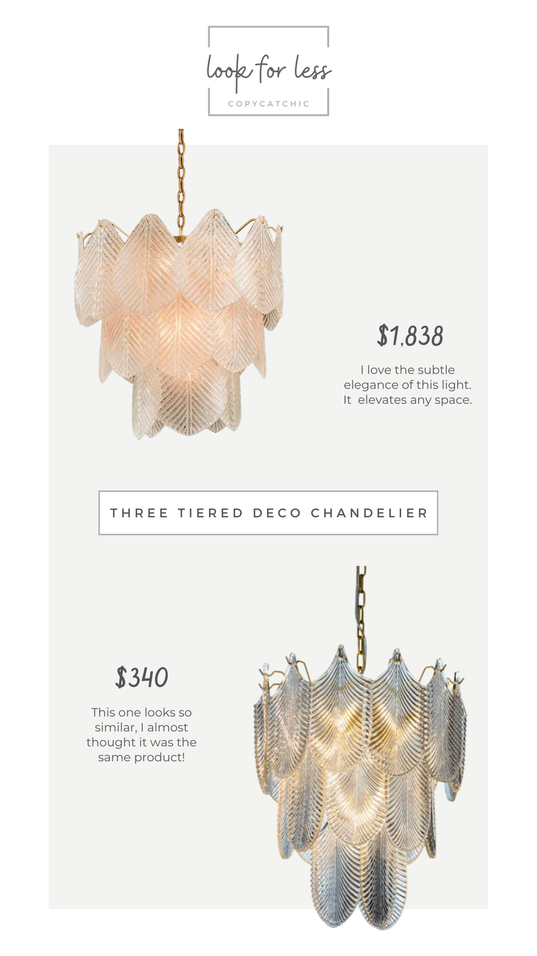 Look for Less: Kathy Kuo John-Richard Modern Classic Three Layer Frosted Glass Nine Light Chandelier vs Wayfair 5 Light Glam and Modern Painted Brass Three Tiered Chandelier with Textured Glass Accents See More by Rosdorf Park