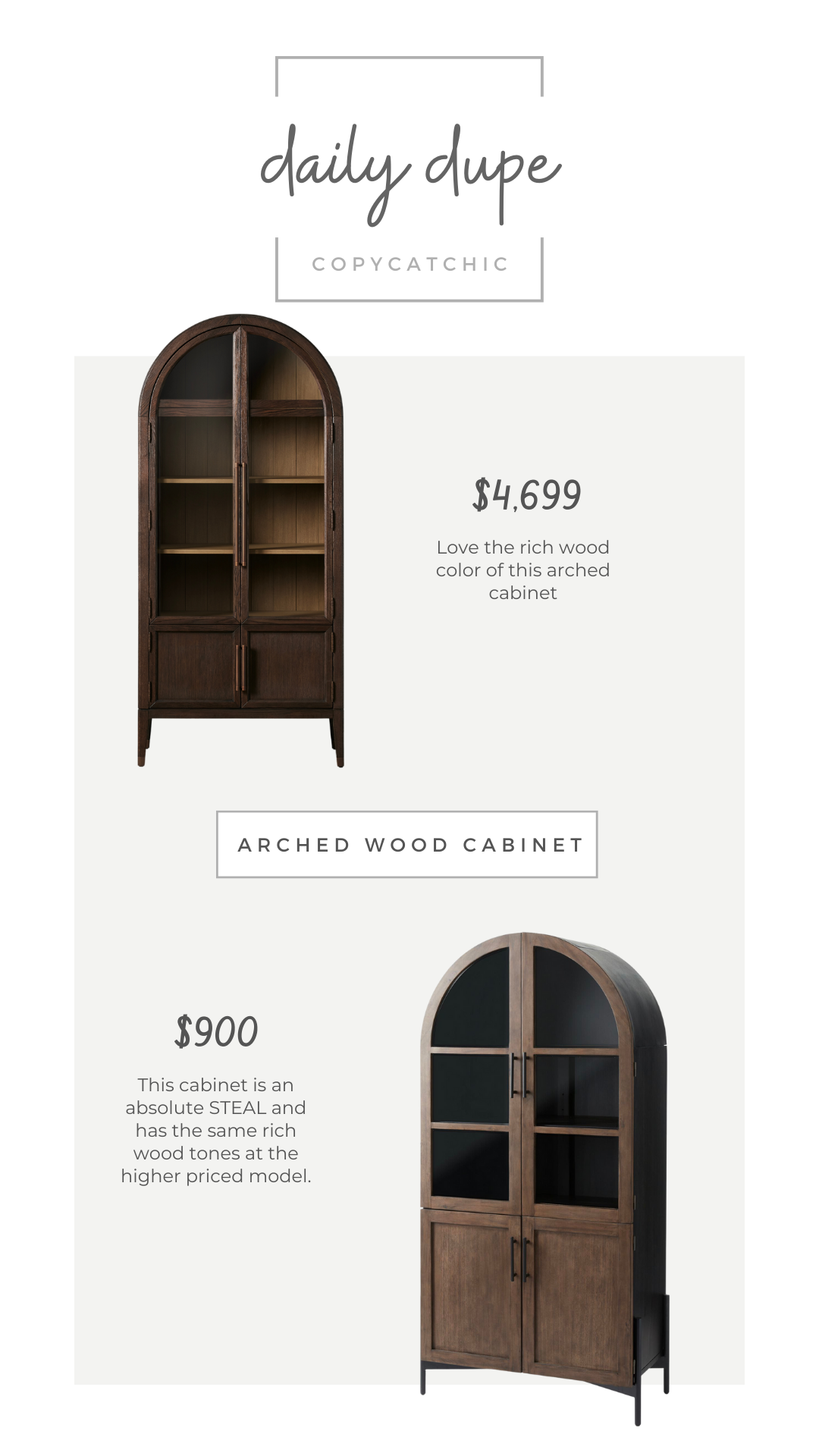 arched wood cabinet dupe Arhaus Hattie Glass Cabinet World Market Amira Vintage Walnut and Charcoal Black Arch Display Cabinet copycatchic luxe living for less, budget home decor and design, daily finds, home trends, sales, budget travel and room redos