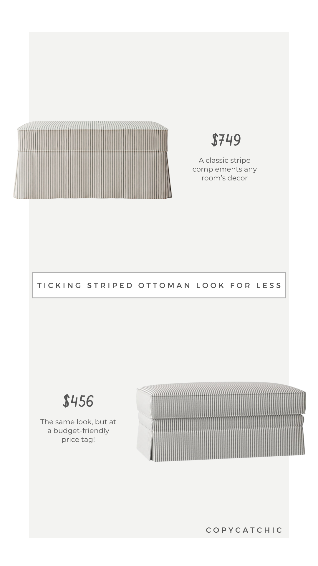 Daily Find: ticking stripe upholstered ottoman Pottery Barn Charleston Slipcovered Ottoman vs Wayfair Kelly Clarkson Negley Upholstered Ottoman, look for less, copycatchic luxe living for less, budget home decor and design, daily dupes, home trends, sales, budget travel and room inspiration